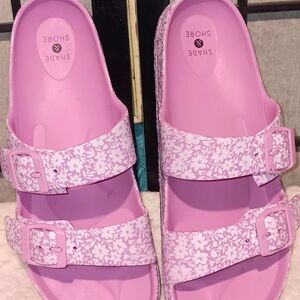 Shade & Shore Pink And White Floral Double-Buckle Slide Sandals